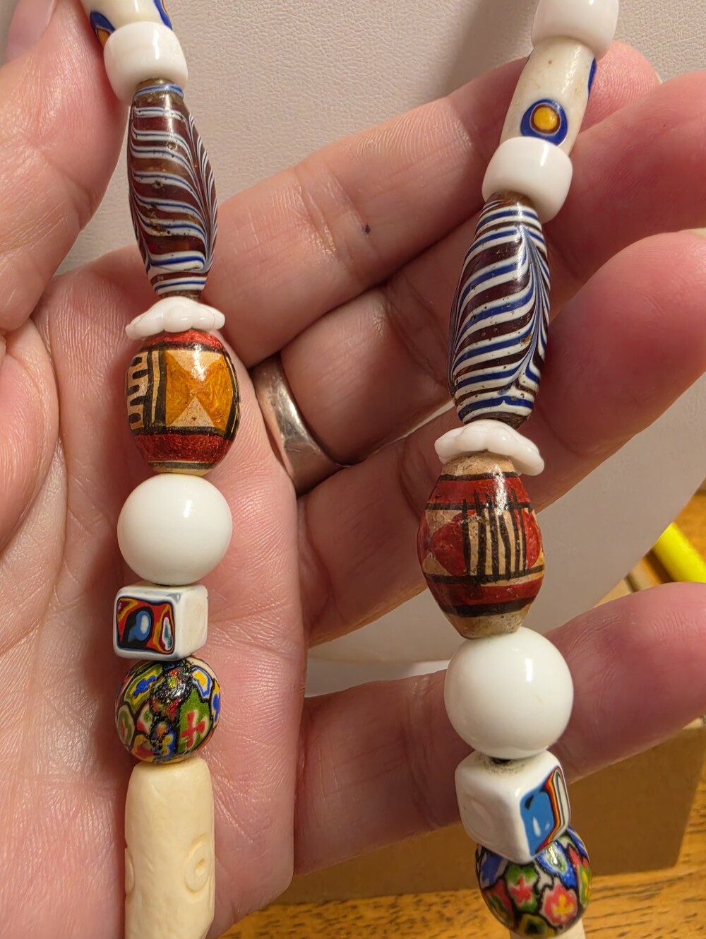 Vintage Artisan Trade Bead Art Glass Millefiori Bone Necklace - Picture 7 of 8